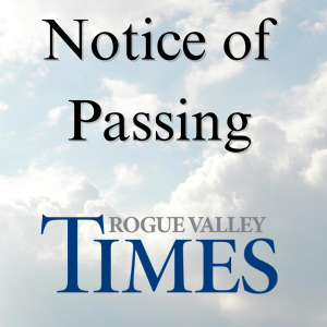 A field of white clouds with the letters Notice Of Passing in Black, with the logo of the Rogue Valley Times