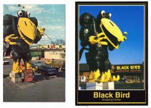 Two photos side by side of the black bird statue, a giant plaster bird man that stands outside the black bird hardware and sporting goods store.